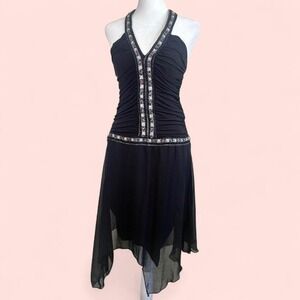 Vtg Y2K HotKiss Size M Asymmetrical Beaded‎ Halter Black Dress Stretch Slip On